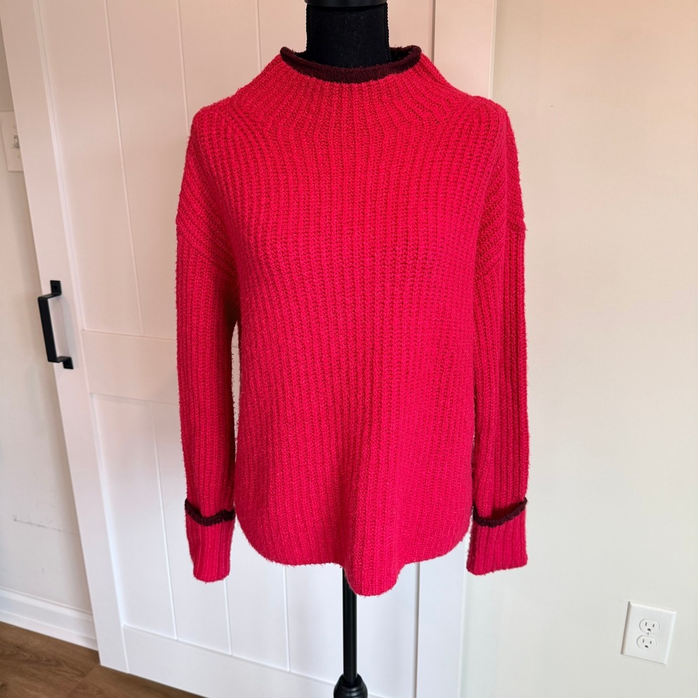 Maeve‎ Anthropologie Pink Ribbed Mock Neck Sweater Small Burgundy Trim